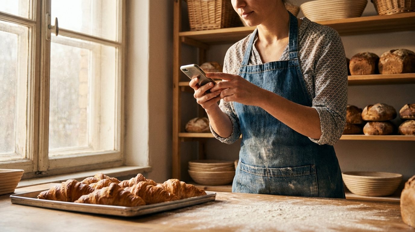 A bakery owner photographing a tray of fresh croissants on the counter with her phone